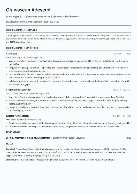 IT Manager resume template (European), mid-level example: Oluwaseun Adeyemi, IT Manager