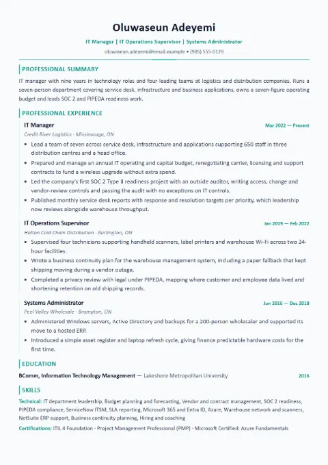 IT Manager resume template (Modern), mid-level example