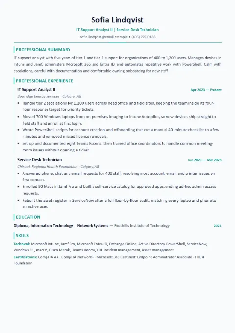 IT Support Specialist resume template (Modern), mid-level example