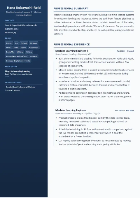 Machine Learning Engineer resume template (Compact), mid-level example: Hana Kobayashi-Reid, Machine Learning Engineer II