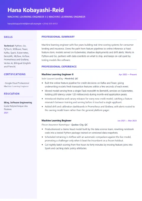 Machine Learning Engineer resume template (Creative), mid-level example: Hana Kobayashi-Reid, Machine Learning Engineer II