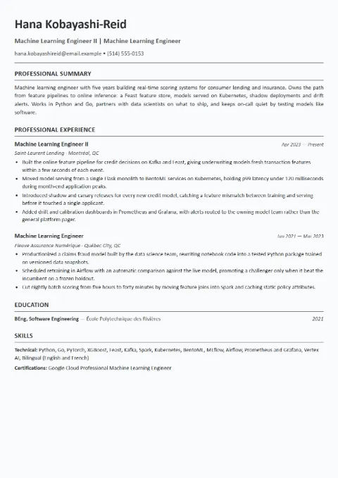 Machine Learning Engineer resume template (European), mid-level example: Hana Kobayashi-Reid, Machine Learning Engineer II