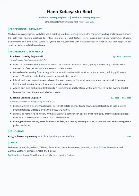 Machine Learning Engineer resume template (Modern), mid-level example