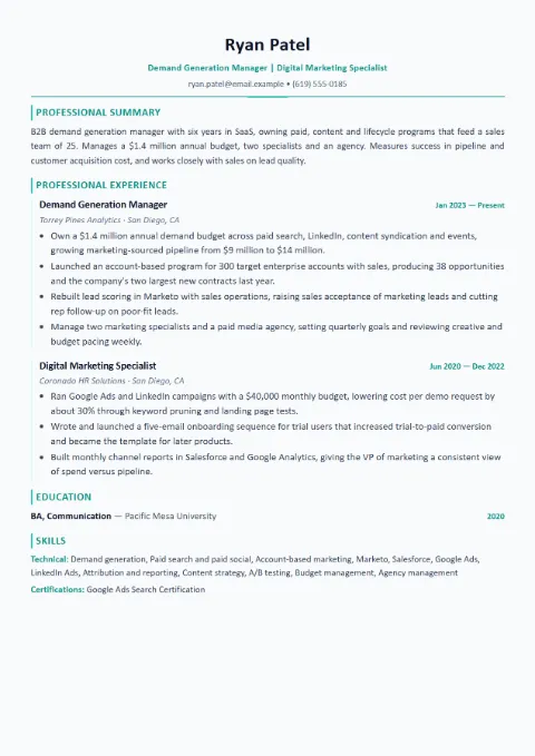 Marketing Manager resume template (Modern), mid-level example