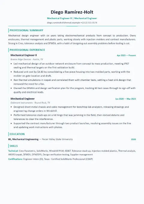 Mechanical Engineer resume template (Modern), mid-level example