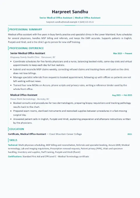 Medical Assistant resume template (Modern), mid-level example