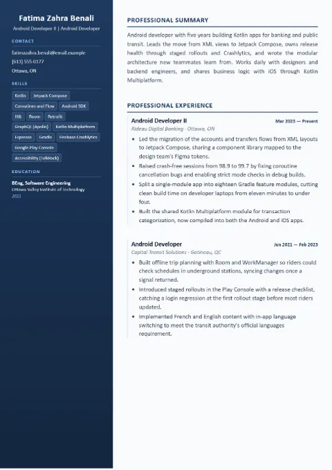 Mobile Developer resume template (Compact), mid-level example: Fatima Zahra Benali, Android Developer II