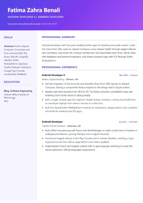 Mobile Developer resume template (Creative), mid-level example: Fatima Zahra Benali, Android Developer II