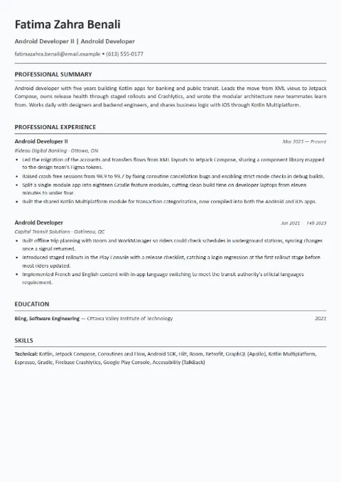 Mobile Developer resume template (European), mid-level example: Fatima Zahra Benali, Android Developer II