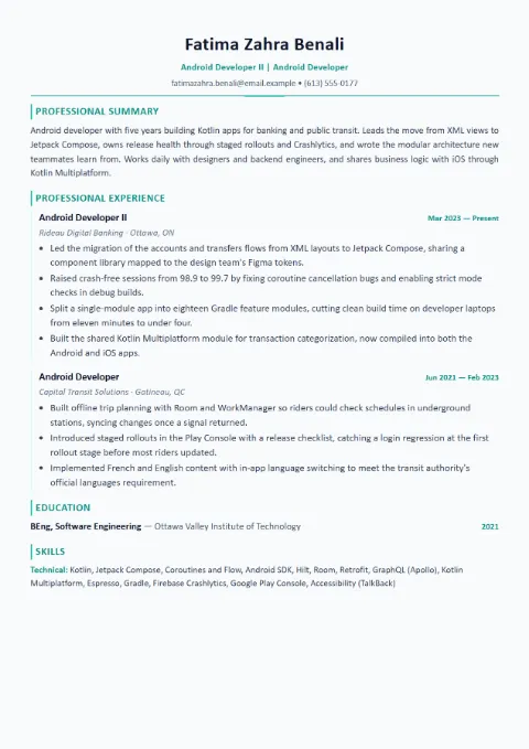 Mobile Developer resume template (Modern), mid-level example
