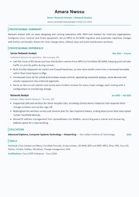 Network Engineer resume template (Modern), mid-level example