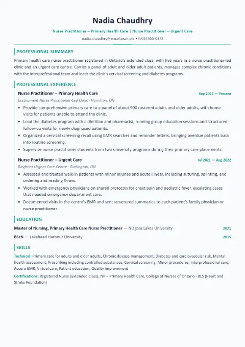 Nurse Practitioner resume template (Modern), mid-level example