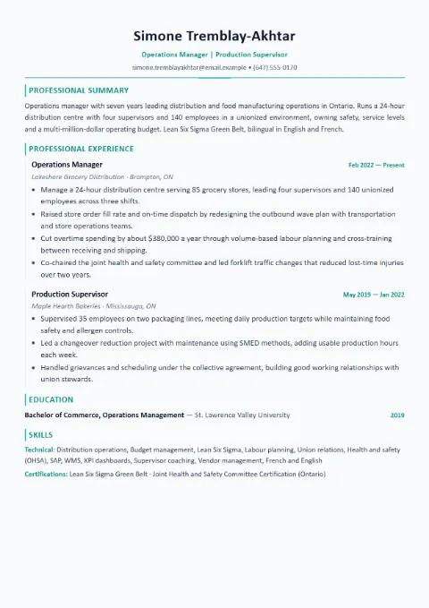 Operations Manager resume template (Modern), mid-level example