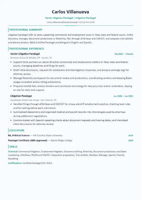 Paralegal resume template (Modern), mid-level example