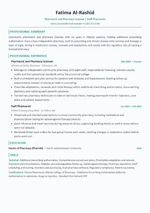 Pharmacist resume template (Modern), mid-level example