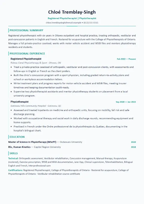 Physical Therapist resume template (Modern), mid-level example