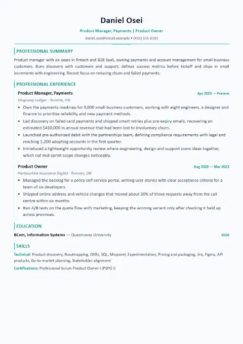Product Manager resume template (Modern), mid-level example