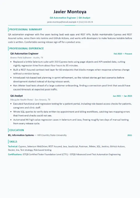 QA Engineer resume template (Modern), mid-level example