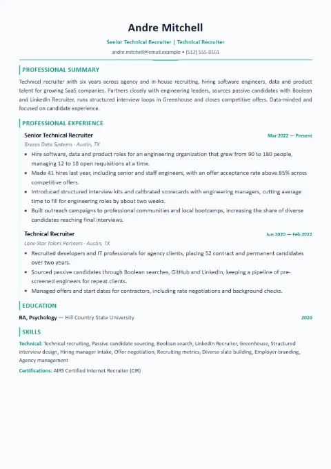 Recruiter resume template (Modern), mid-level example