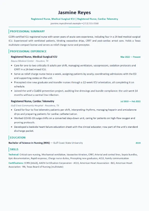Registered Nurse resume template (Modern), mid-level example
