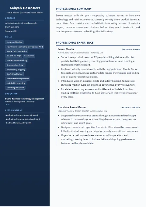 Scrum Master resume template (Compact), mid-level example: Aaliyah Desrosiers, Scrum Master