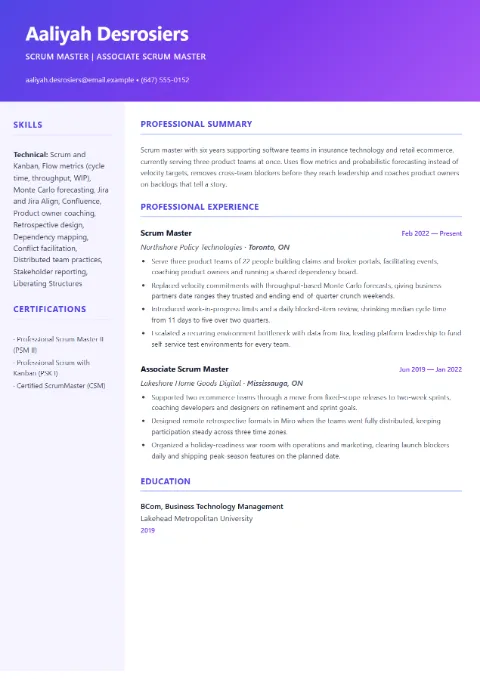Scrum Master resume template (Creative), mid-level example: Aaliyah Desrosiers, Scrum Master