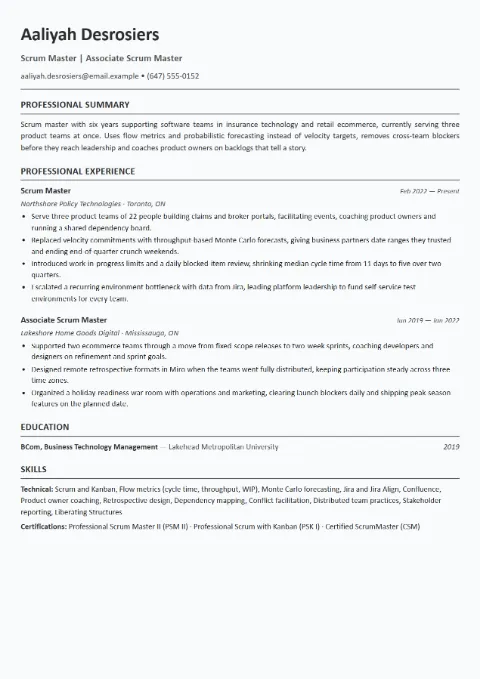Scrum Master resume template (European), mid-level example: Aaliyah Desrosiers, Scrum Master