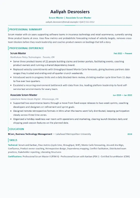 Scrum Master resume template (Modern), mid-level example
