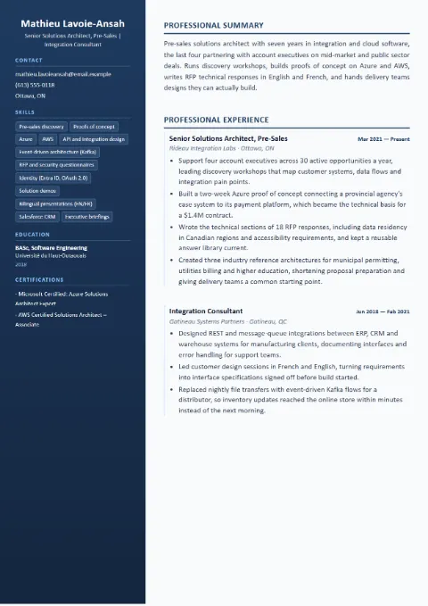 Solutions Architect resume template (Compact), mid-level example: Mathieu Lavoie-Ansah, Senior Solutions Architect, Pre-Sales