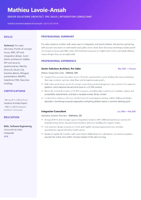Solutions Architect resume template (Creative), mid-level example: Mathieu Lavoie-Ansah, Senior Solutions Architect, Pre-Sales