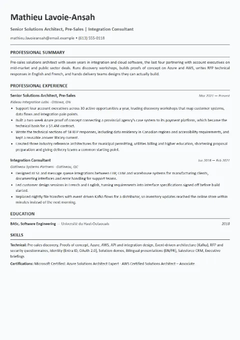 Solutions Architect resume template (European), mid-level example: Mathieu Lavoie-Ansah, Senior Solutions Architect, Pre-Sales
