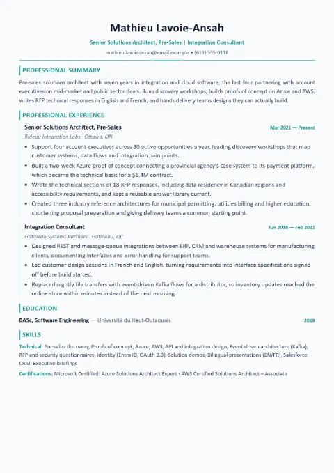 Solutions Architect resume template (Modern), mid-level example