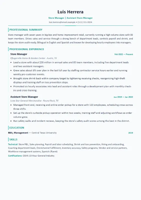 Store Manager resume template (Modern), mid-level example