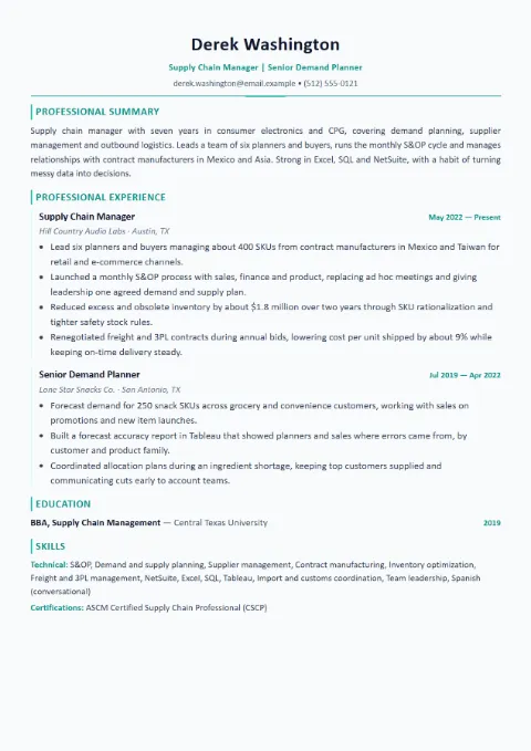 Supply Chain Manager resume template (Modern), mid-level example