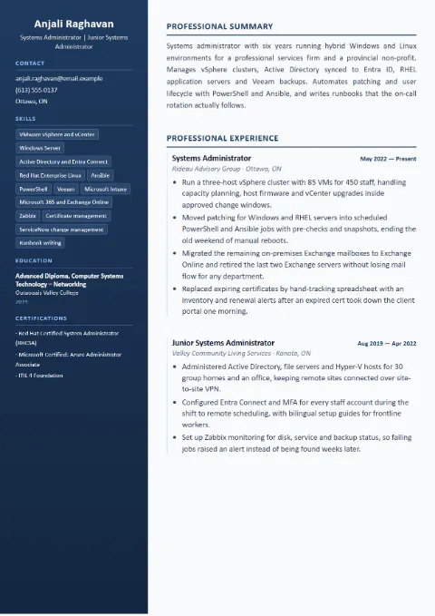 Systems Administrator resume template (Compact), mid-level example: Anjali Raghavan, Systems Administrator