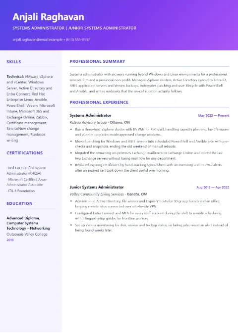 Systems Administrator resume template (Creative), mid-level example: Anjali Raghavan, Systems Administrator