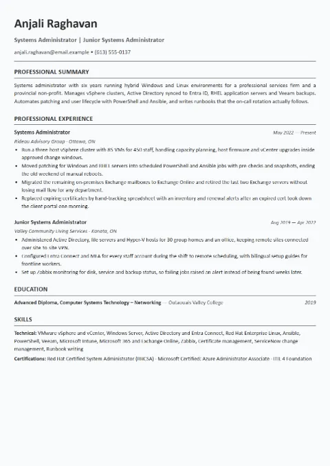 Systems Administrator resume template (European), mid-level example: Anjali Raghavan, Systems Administrator