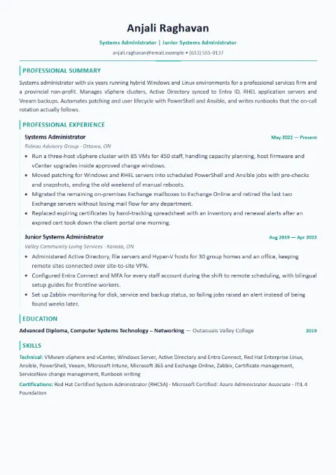 Systems Administrator resume template (Modern), mid-level example
