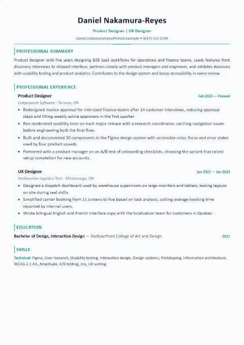 UX Designer resume template (Modern), mid-level example
