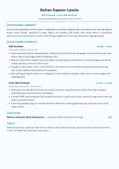 Web Developer resume template (Modern), mid-level example