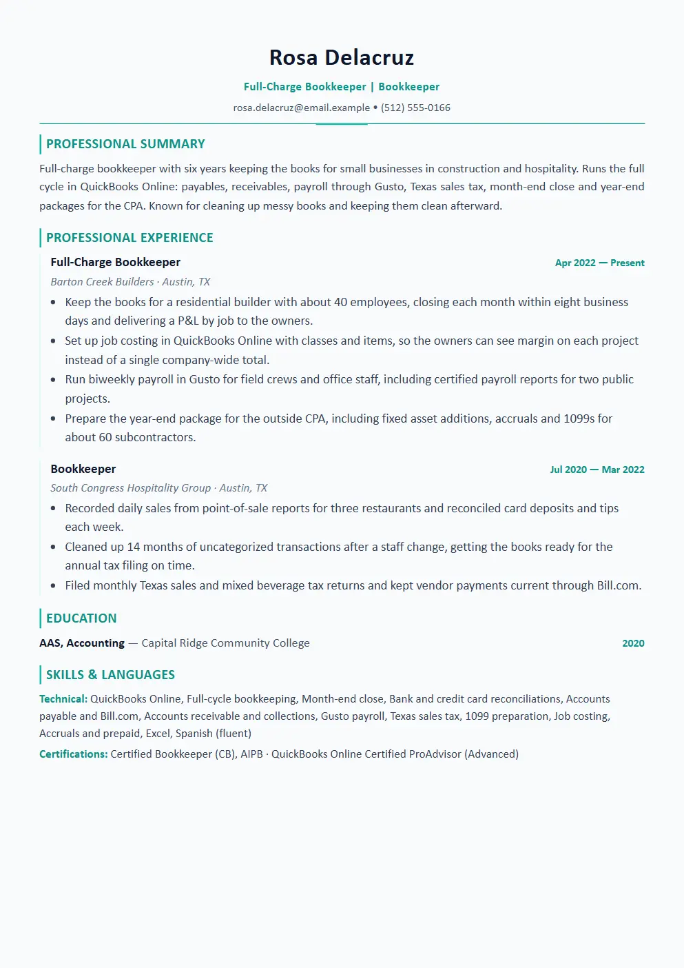 Bookkeeper resume example thumbnail