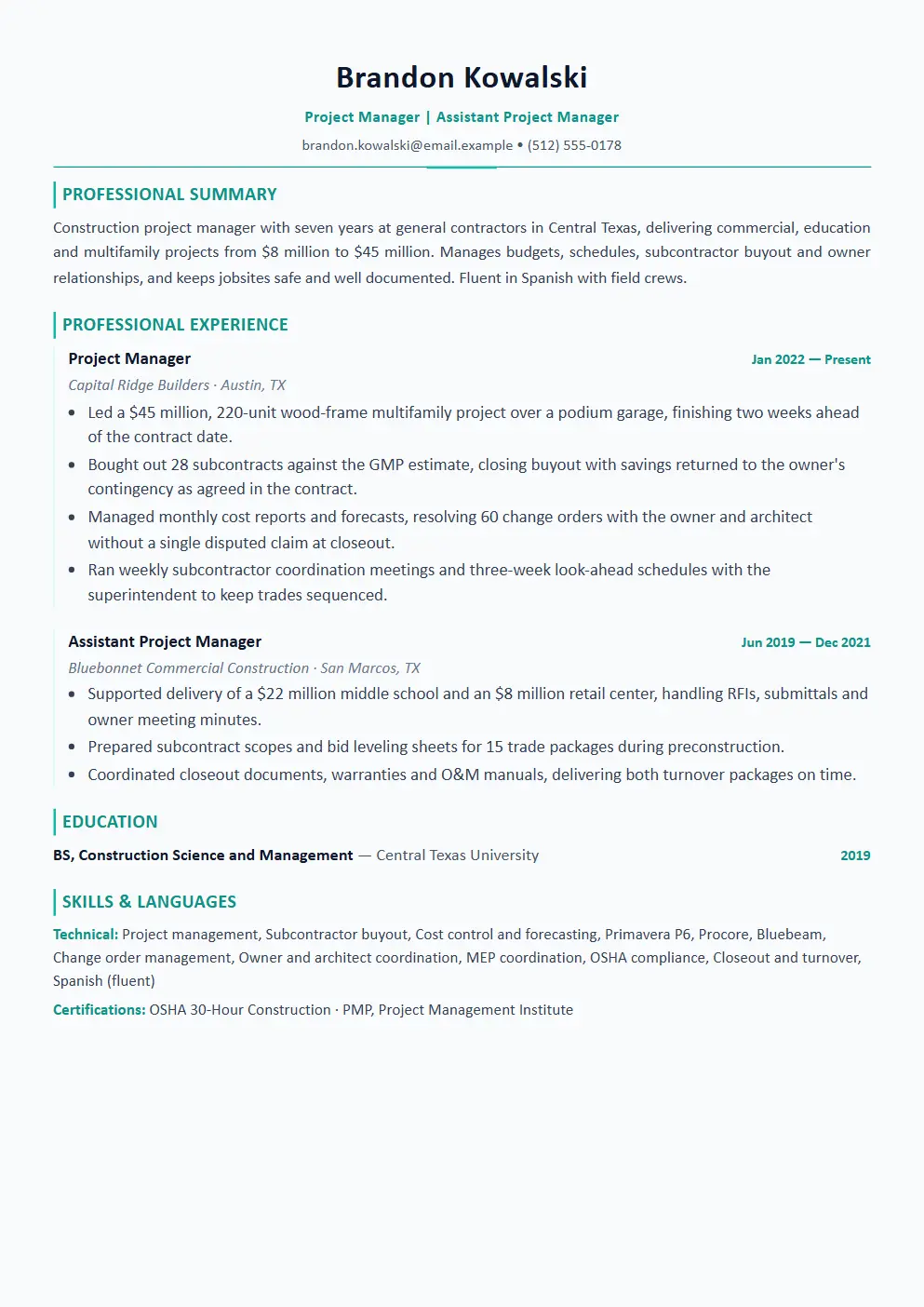 Construction Manager resume example thumbnail