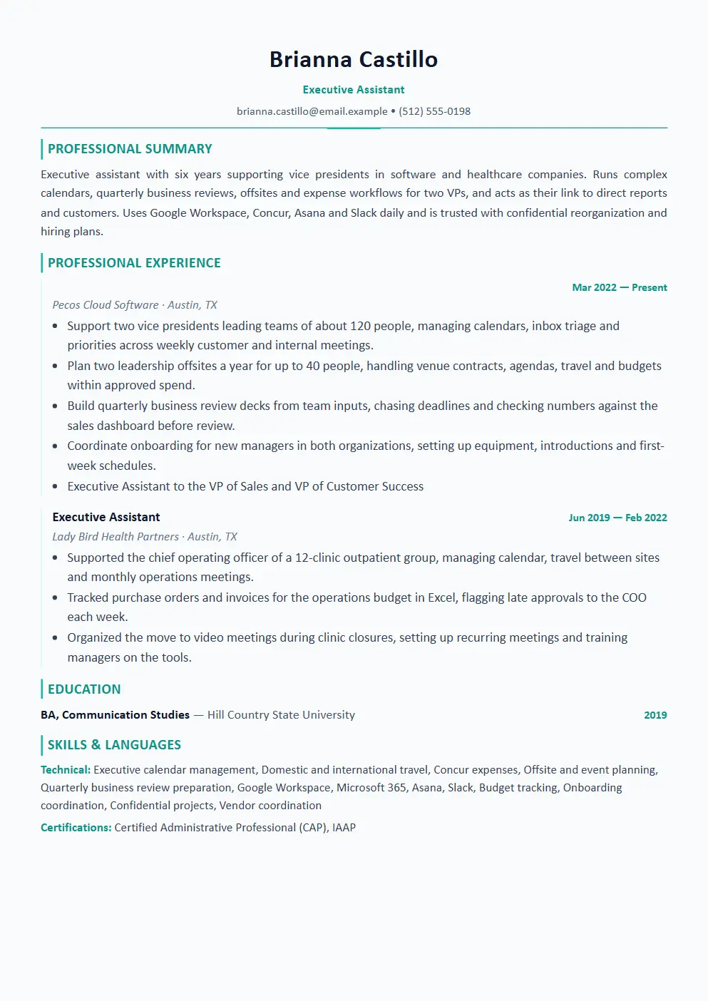 Executive Assistant resume example thumbnail