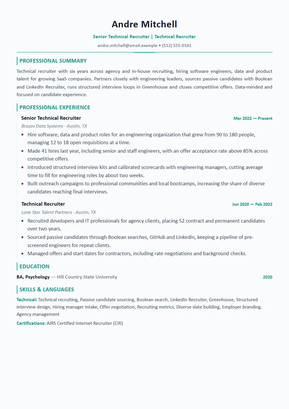 Recruiter resume example thumbnail