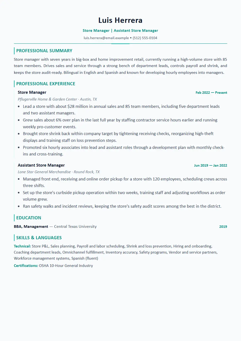 Store Manager resume example thumbnail