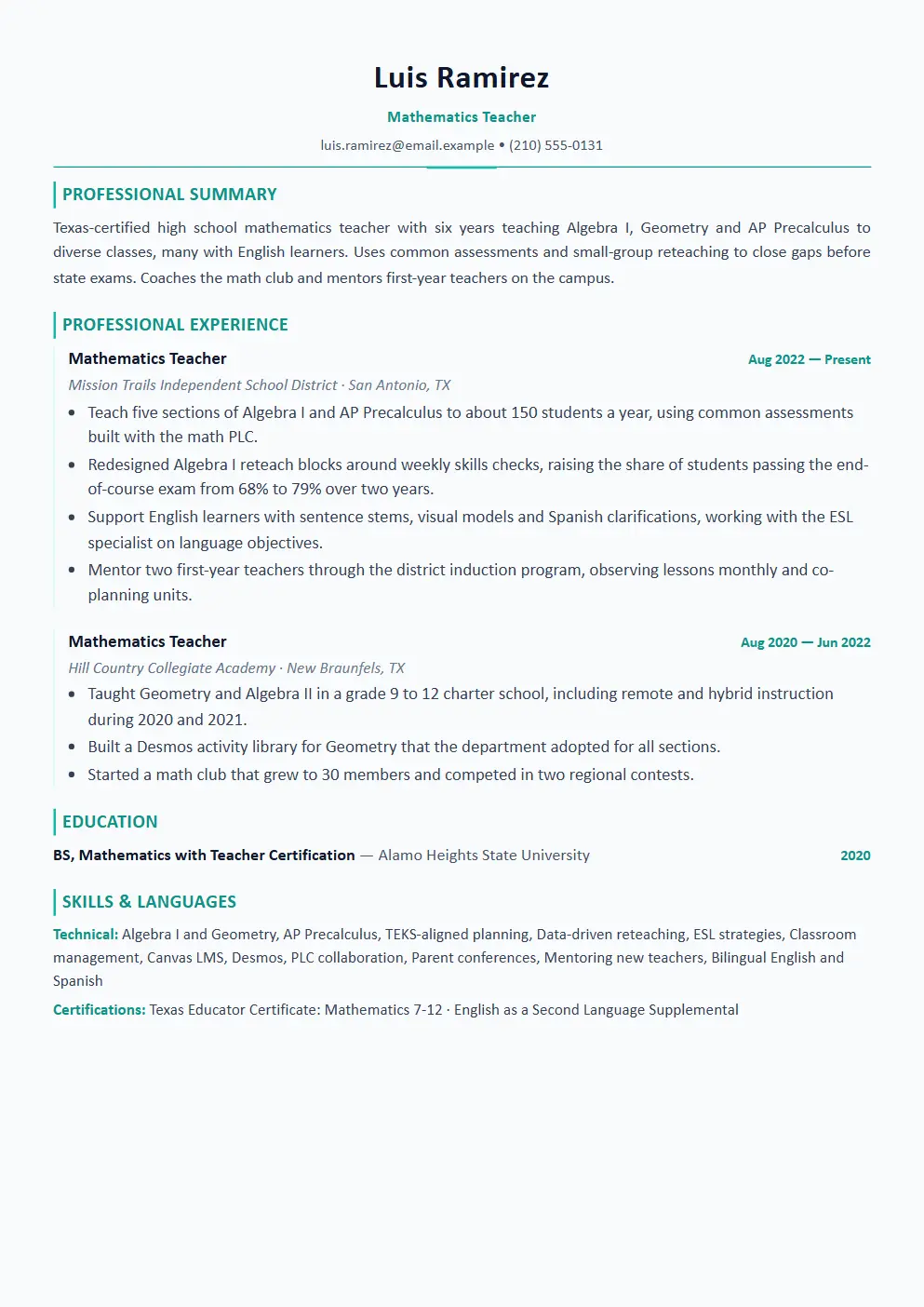 Teacher resume example thumbnail